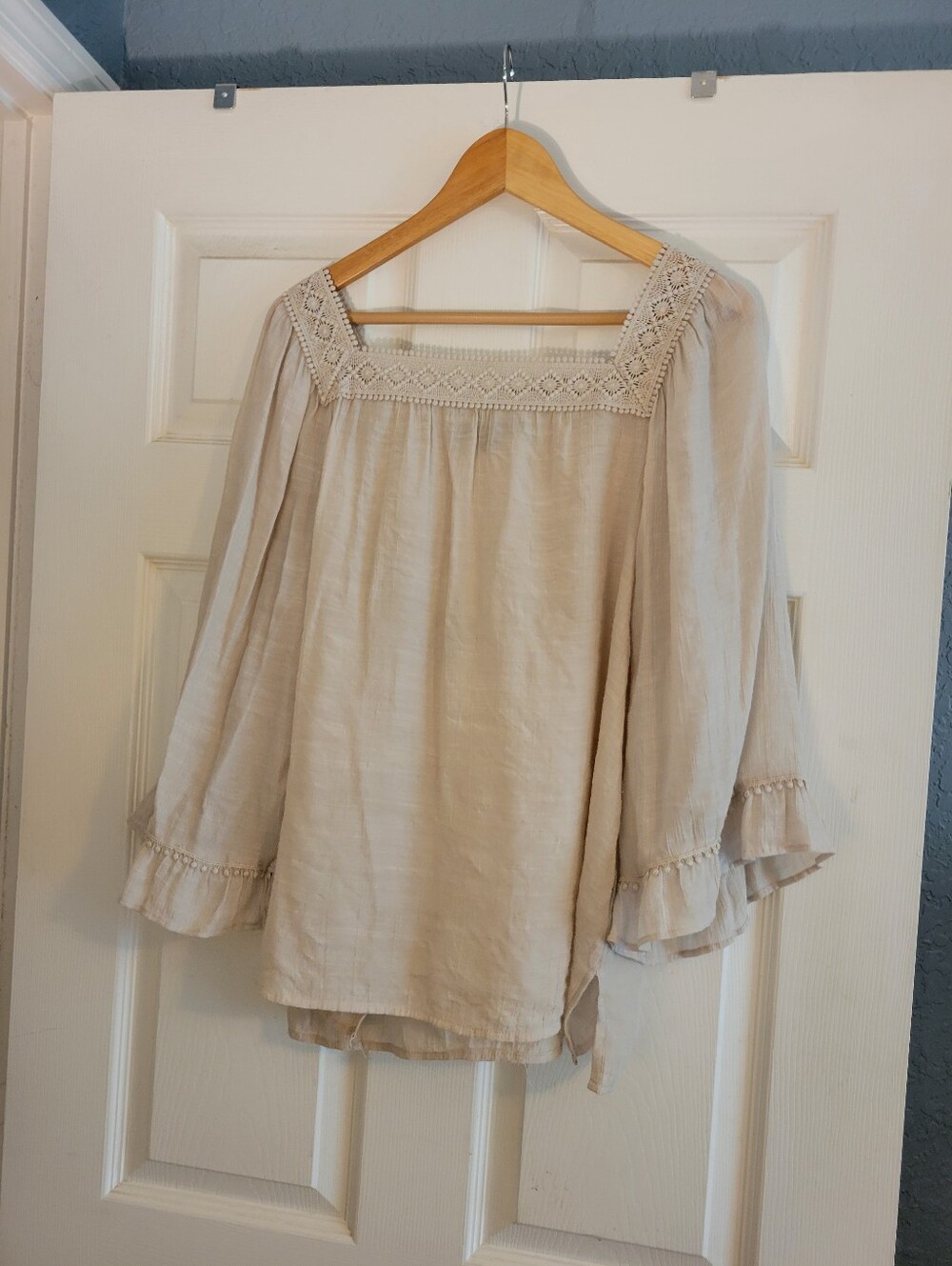 Beige Square-Neck Peasant Blouse